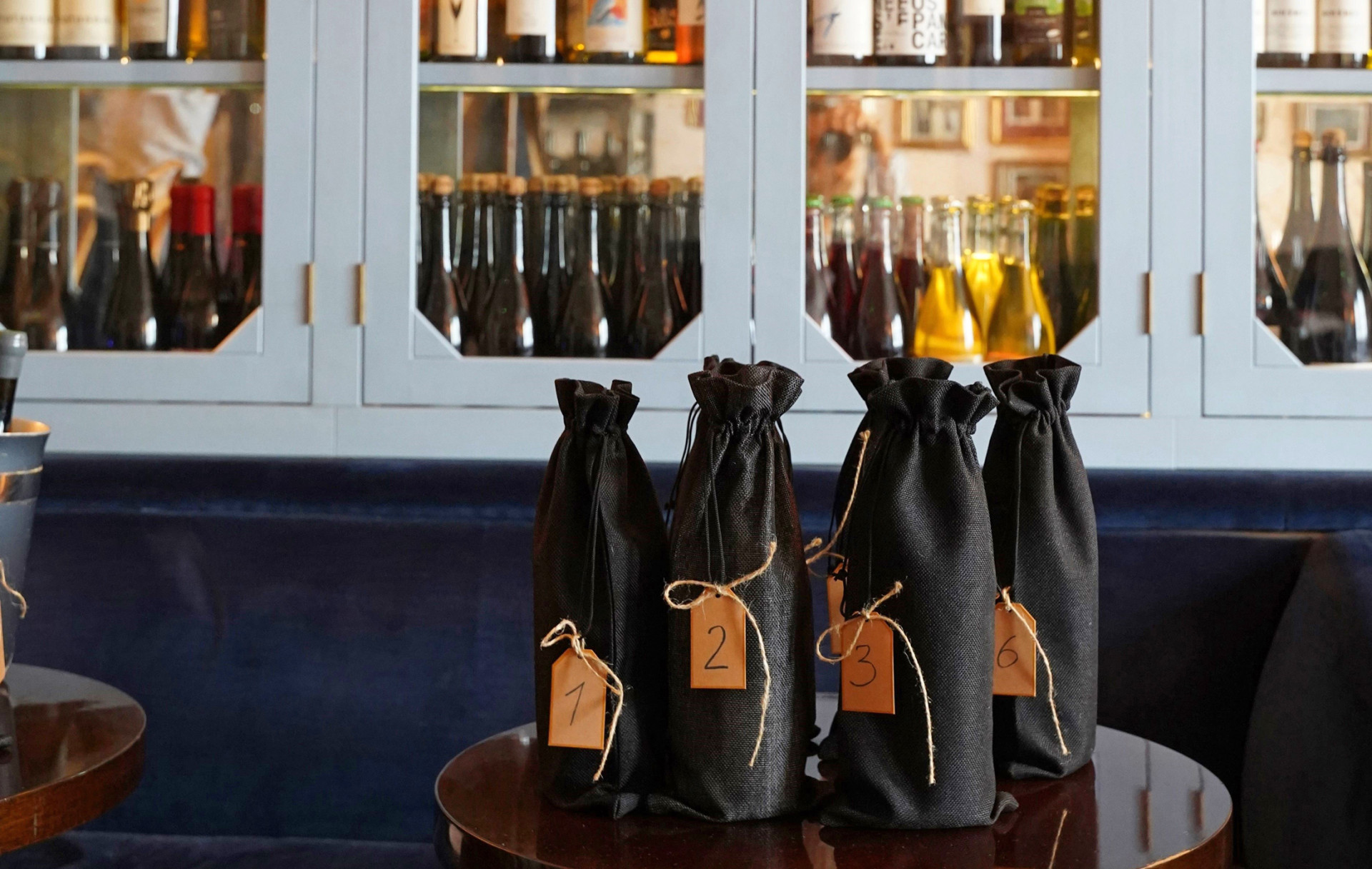 Wines at a blind wine tasting event